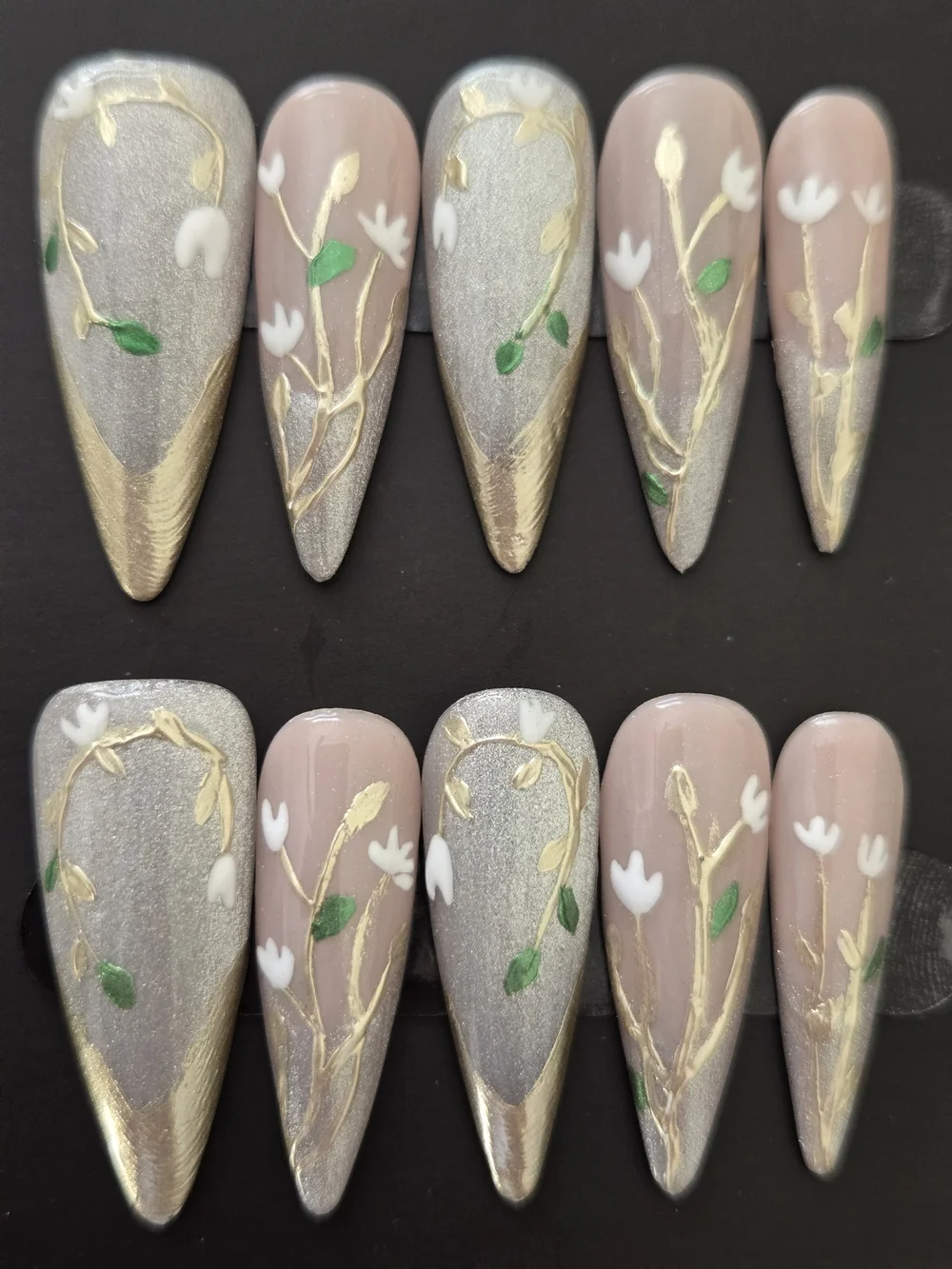 Hand Crafted Nude, Silver & Gold Floral Press-On Nails
